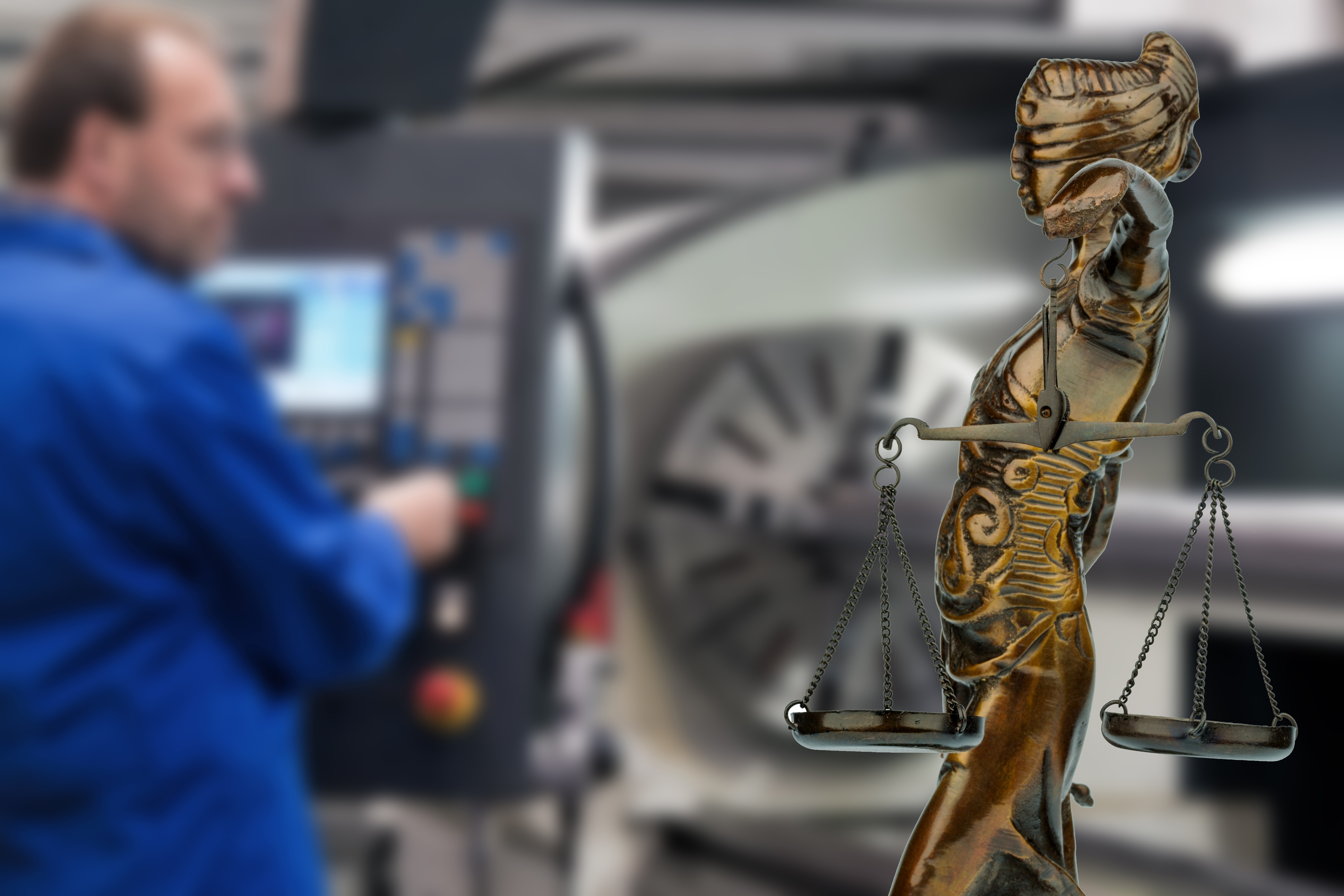 Justitia Statue mit Arbeiter im Hintergrund - Symbol für Arbeitnehmerrechte