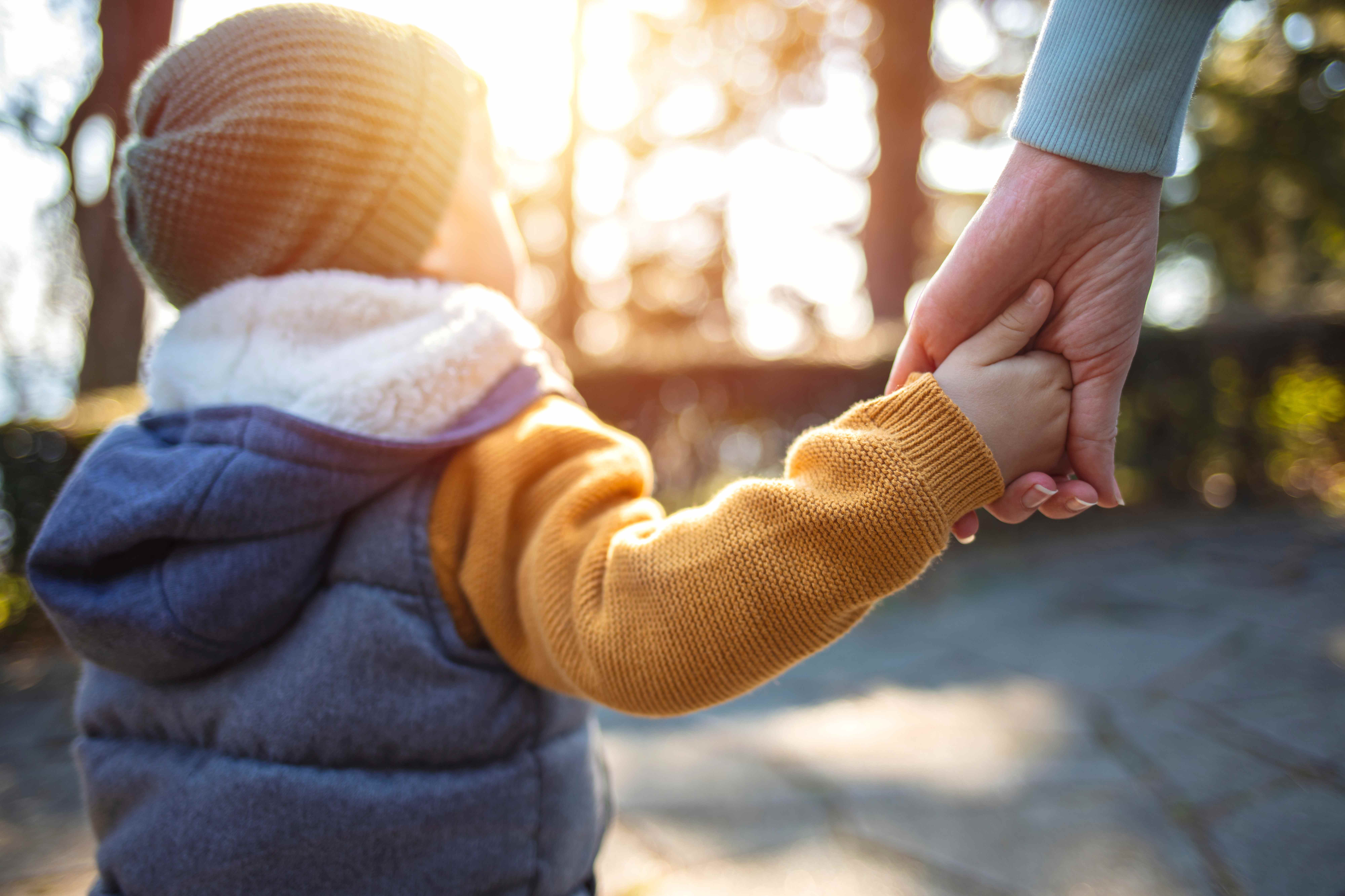 Kind hält die Hand eines Erwachsenen beim Spaziergang